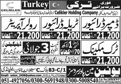 Dumper Driver, Trala Driver, Roolar Driver, Truck Mechanic Jobs in Turkey